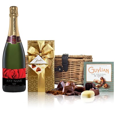 Personalised Champagne - Red Rose Label And Chocolates Hamper